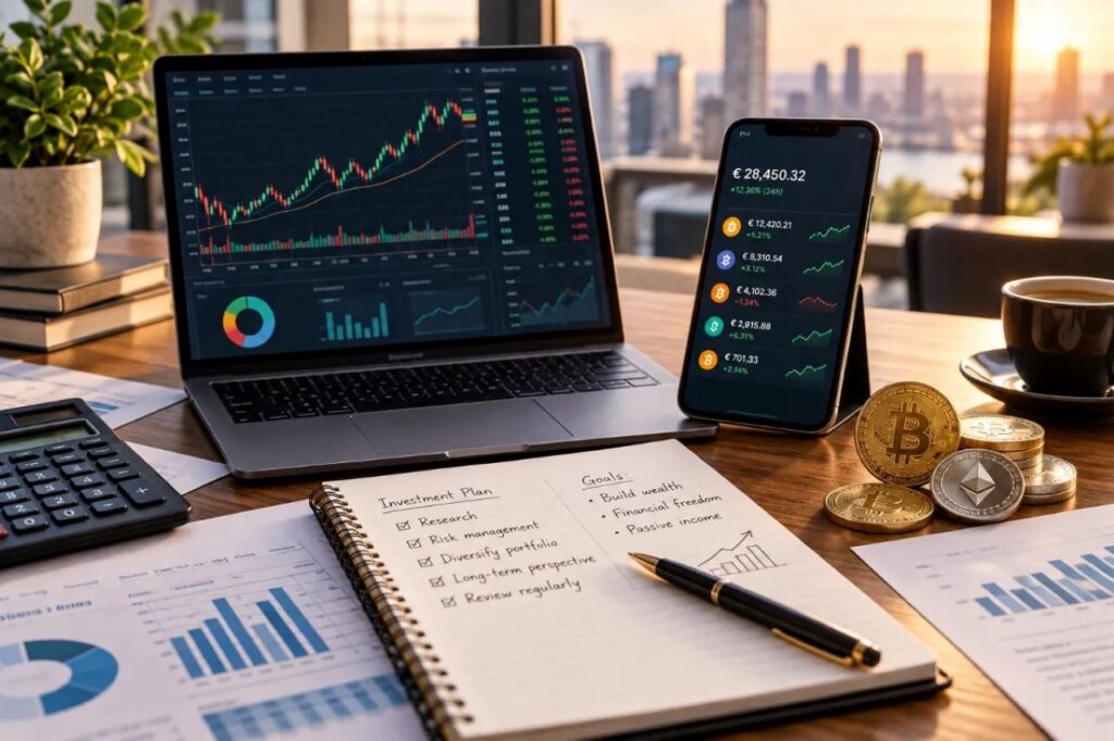 Kriptovaluta befektetés tervezése Bitcoin és Ethereum érmékkel, árfolyamgrafikonokkal és befektetési jegyzetekkel.