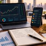 Kriptovaluta befektetés tervezése Bitcoin és Ethereum érmékkel, árfolyamgrafikonokkal és befektetési jegyzetekkel.