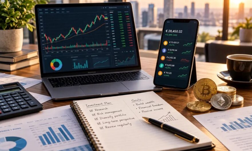 Kriptovaluta befektetés tervezése Bitcoin és Ethereum érmékkel, árfolyamgrafikonokkal és befektetési jegyzetekkel.